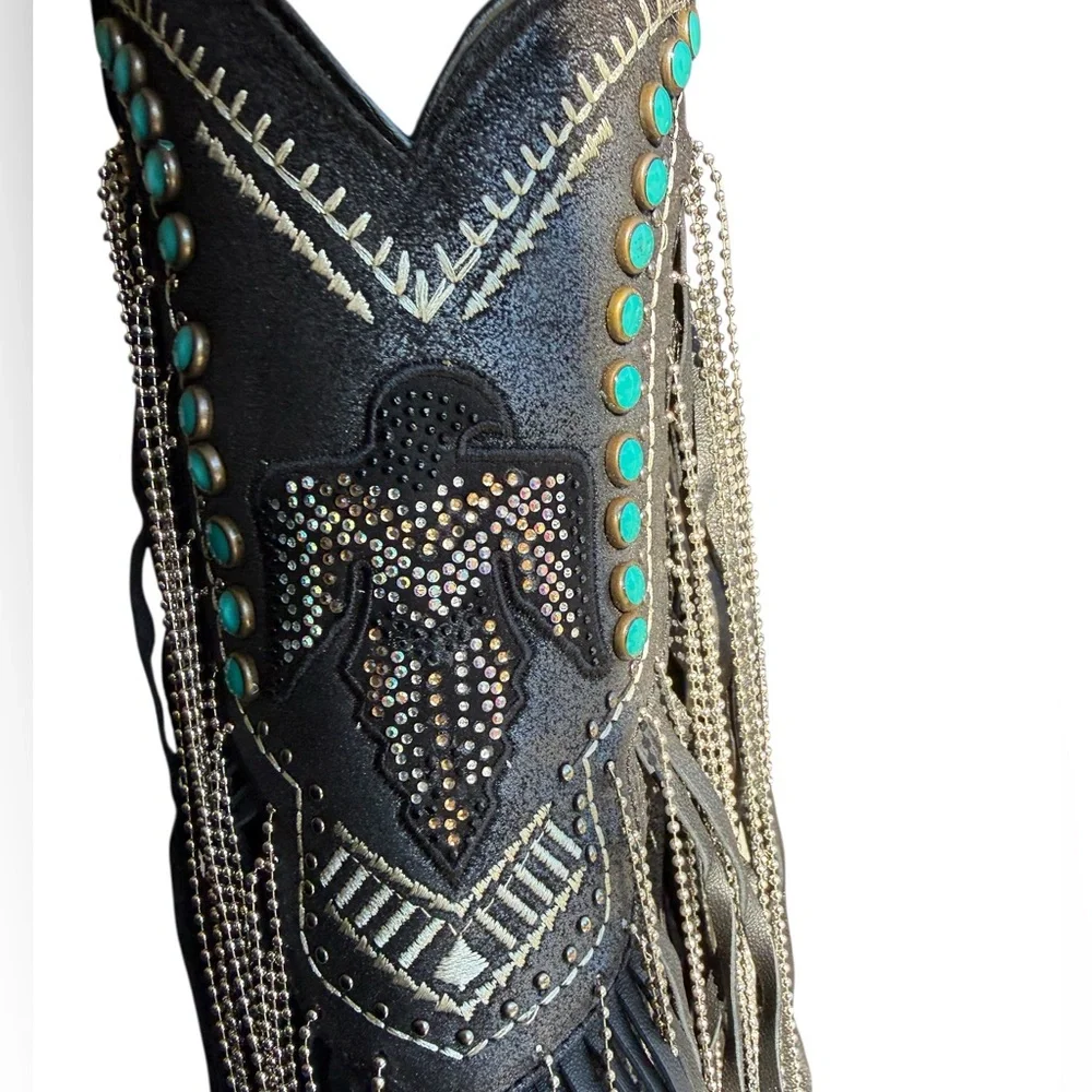 CORRAL EMBROIDERED AND CRYSTAL Black and Turquoise Eagle FRINGE WESTERN BOOTS - Picture 3 of 16
